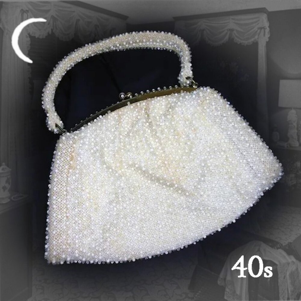 Vintage White Beaded Handbag With Clear Beads, Top Handle Purse VFG